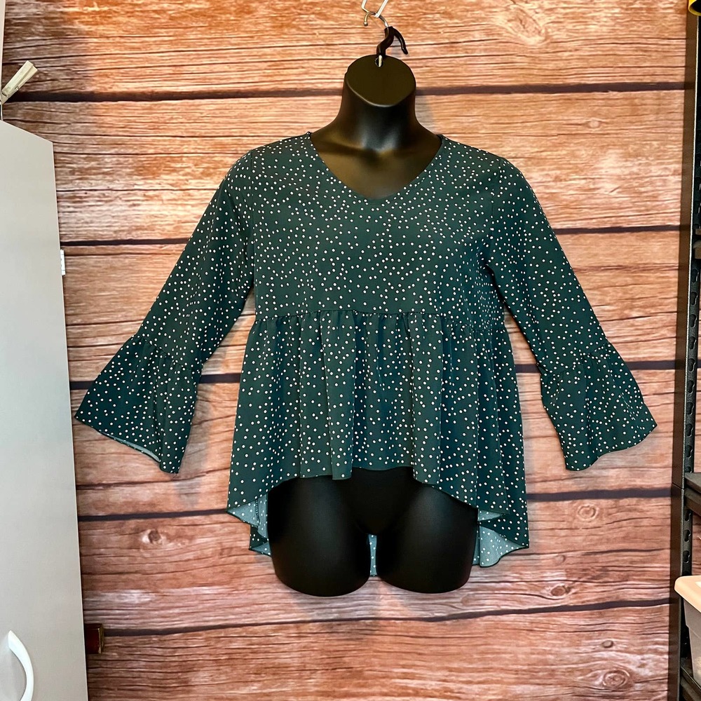 Blouse M Shein High Low Forest Green White Polka Dots Bell Sleeve Shirt - Picture 1 of 9